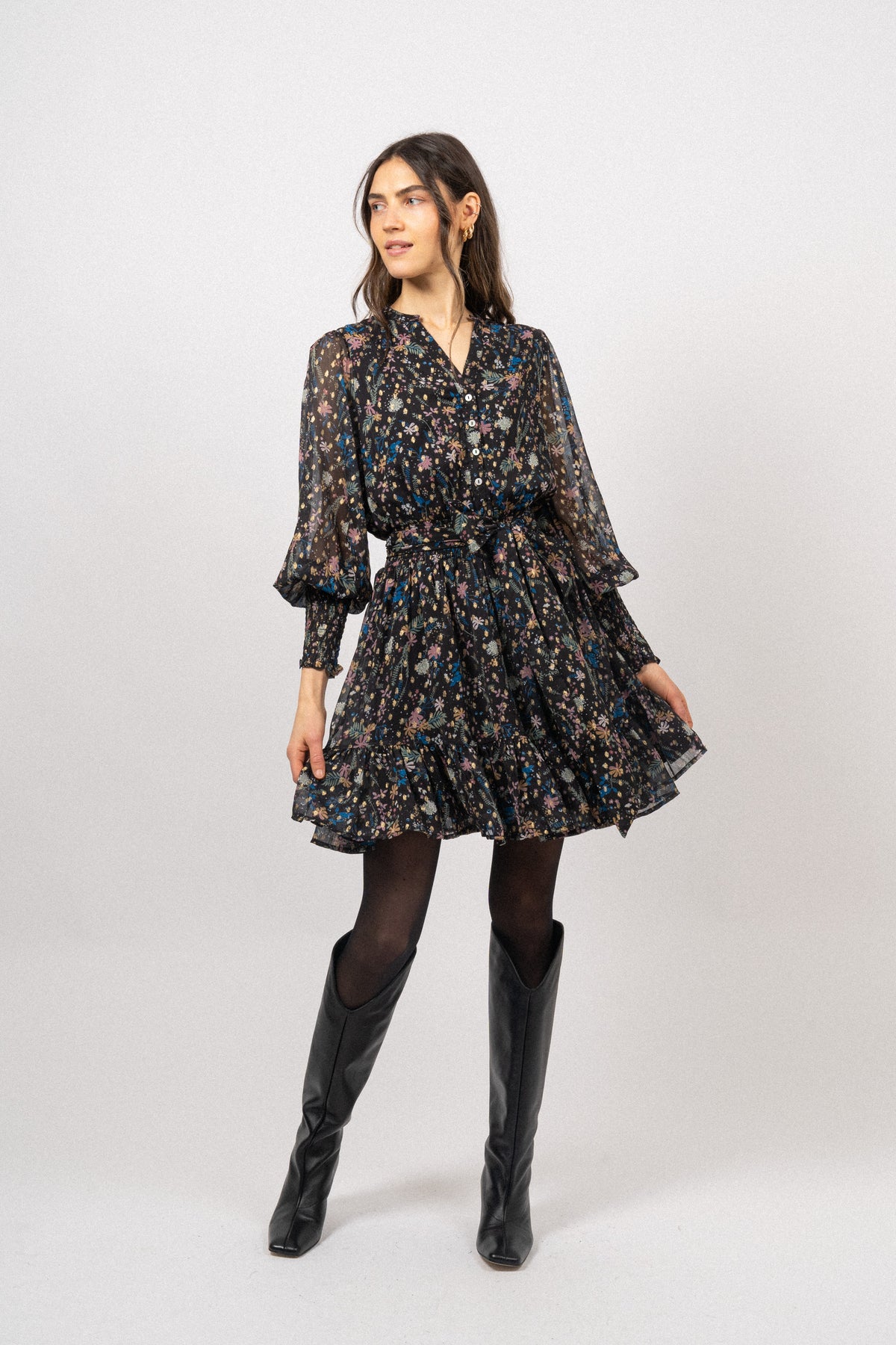 Gertrude Gold Botanical Dress - Black