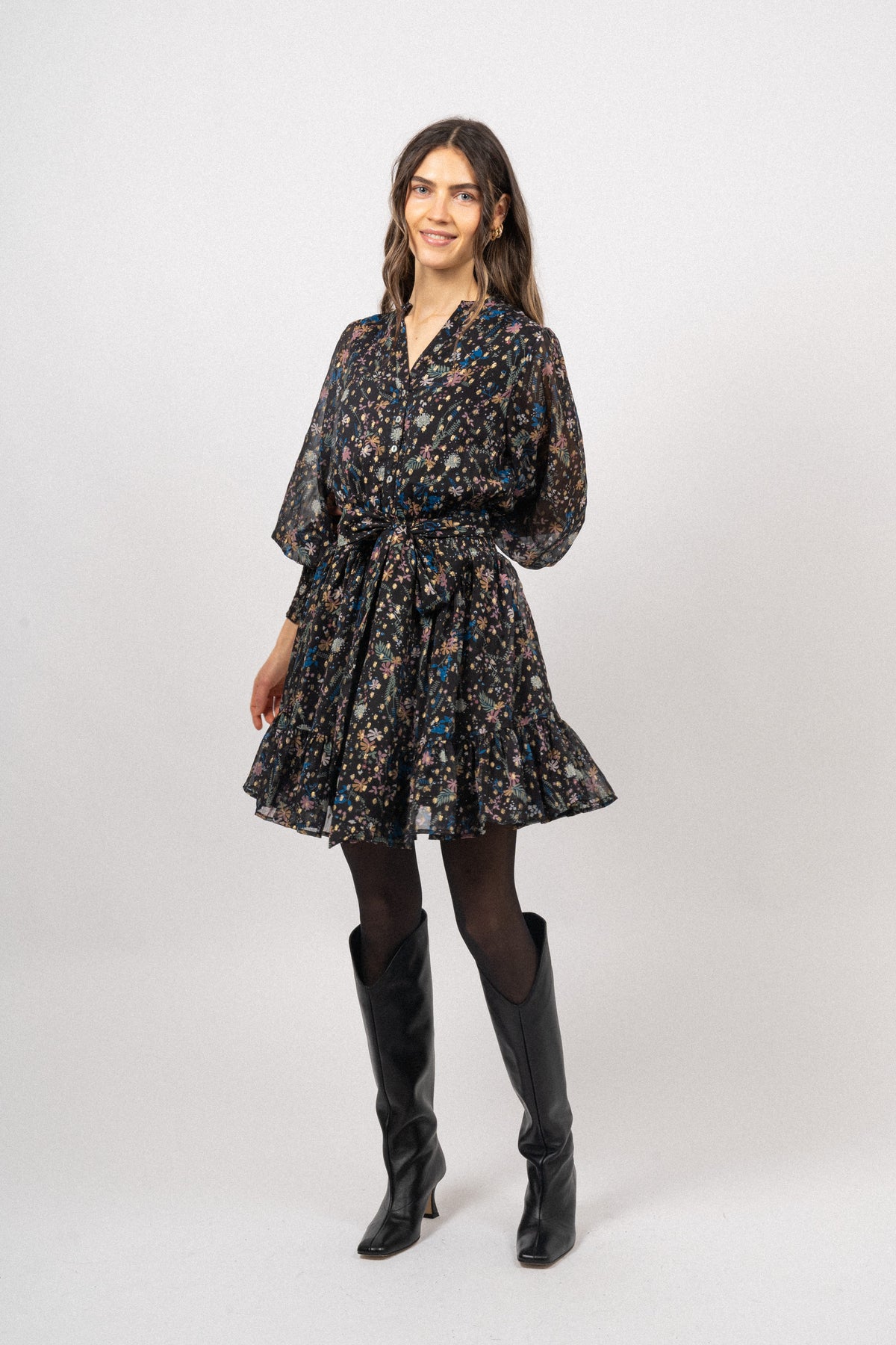 Gertrude Gold Botanical Dress - Black
