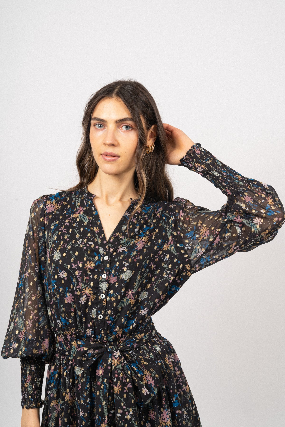 Gertrude Gold Botanical Dress - Black