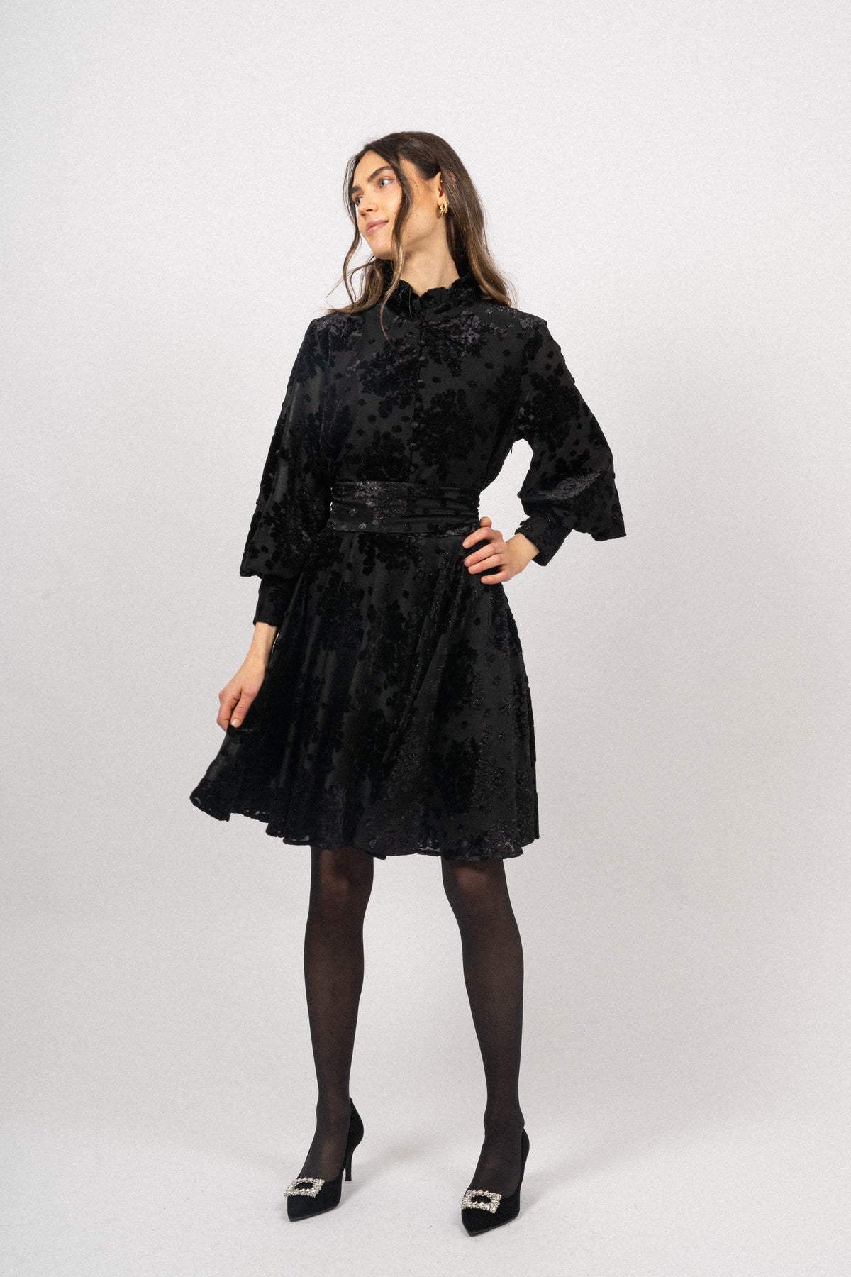 Saga Velvet Flower Dress - Black