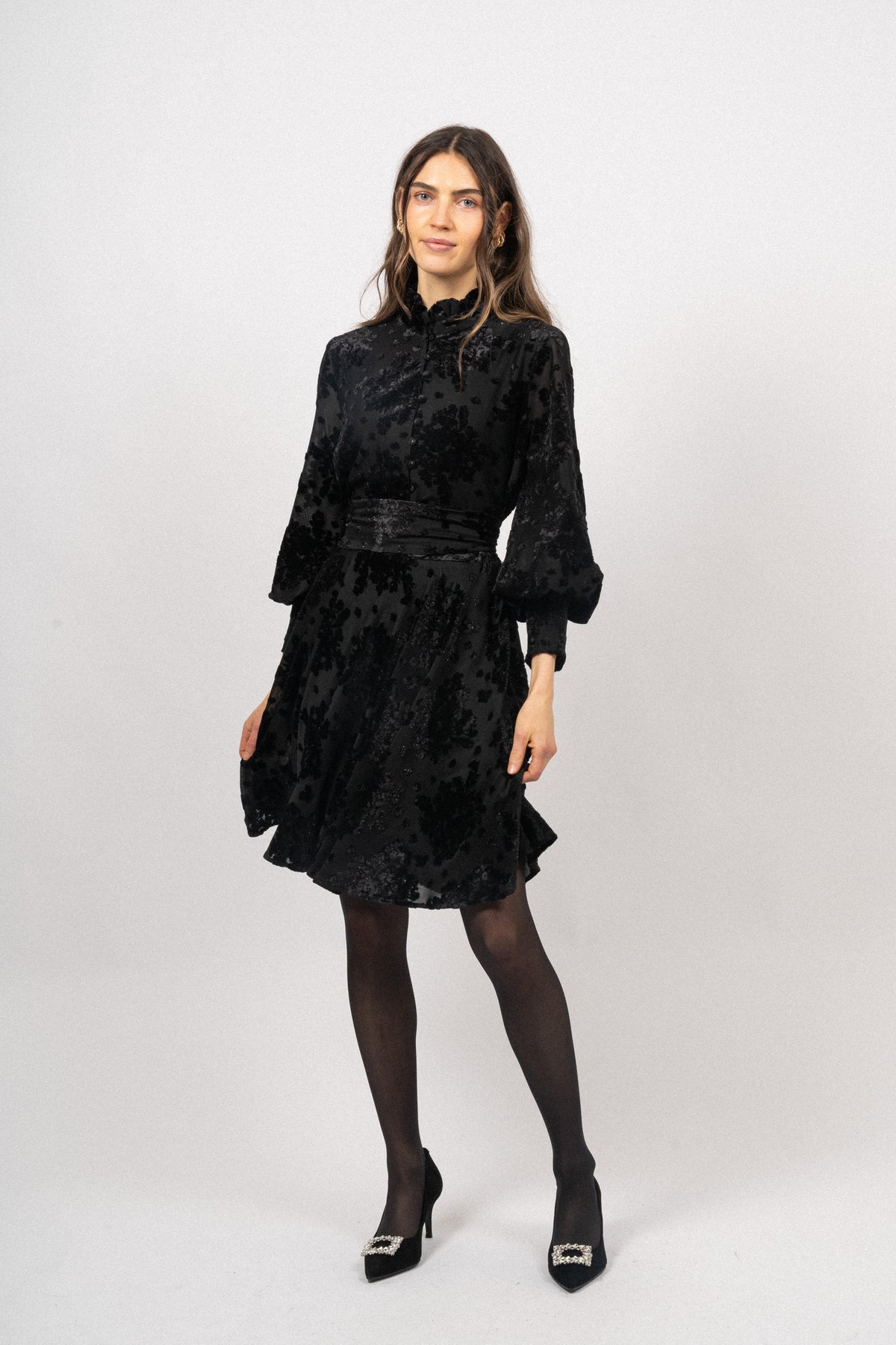 Saga Velvet Flower Dress - Black