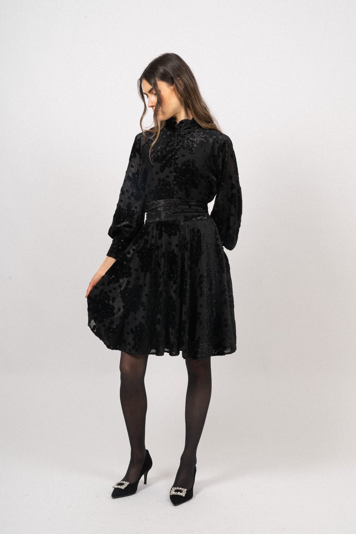 Saga Velvet Flower Dress - Black