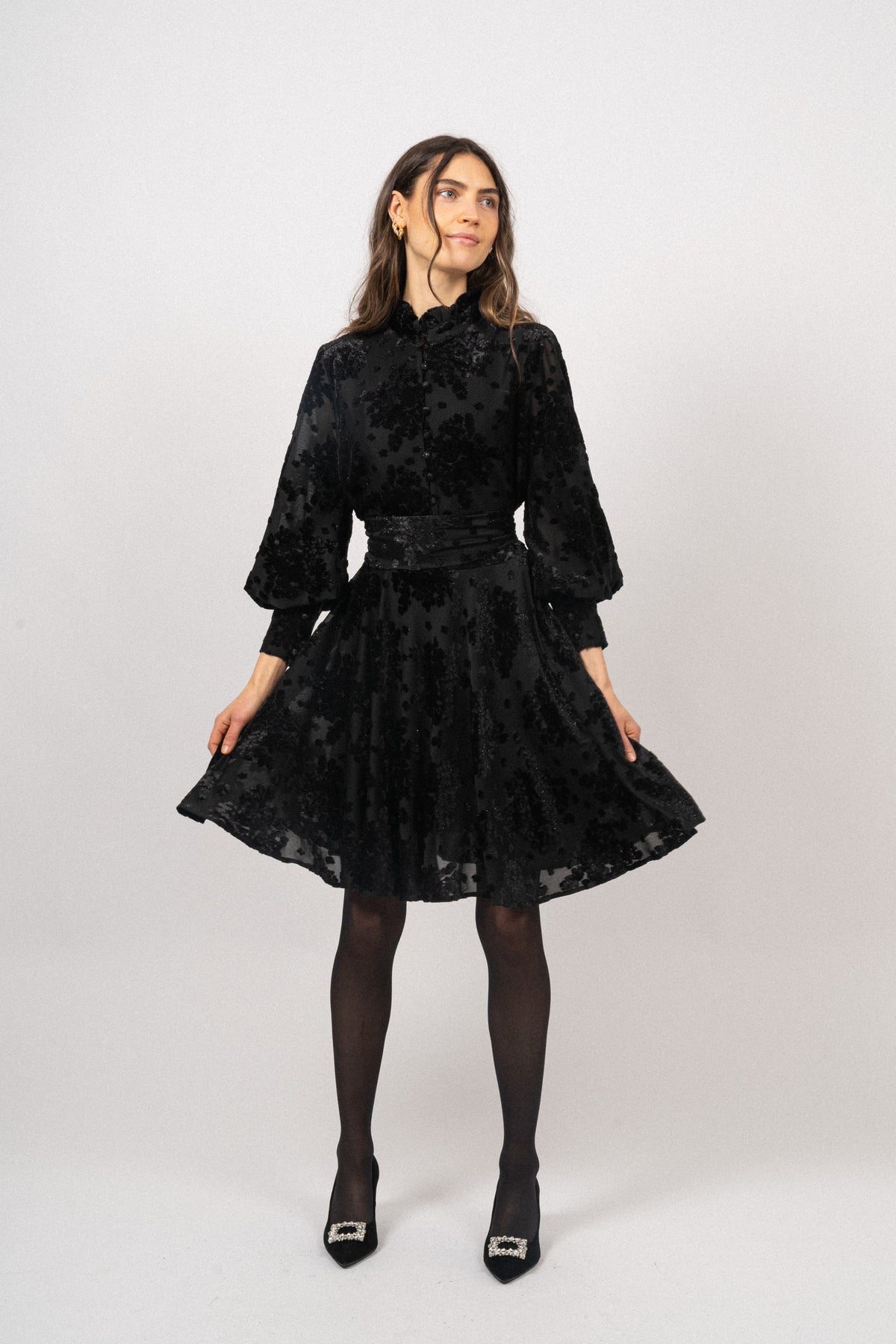 Saga Velvet Flower Dress - Black