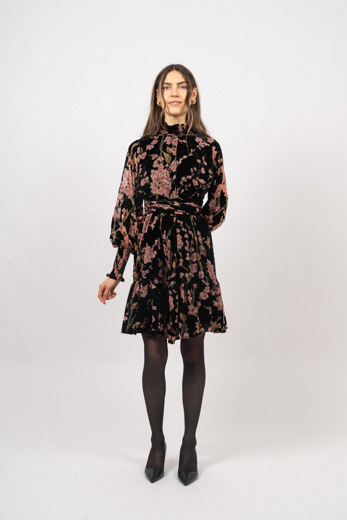 Saga Wide Velvet Dress - Black Pink Velvet