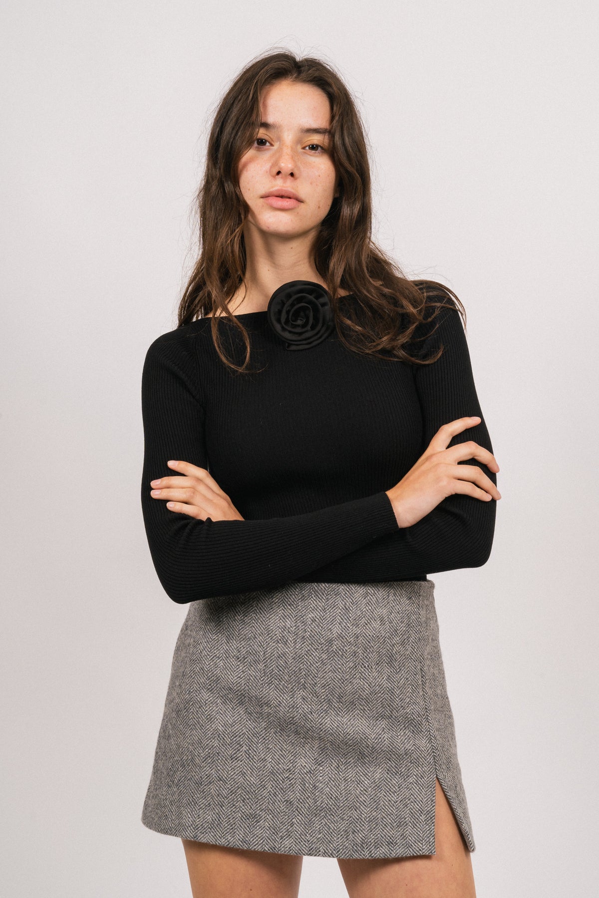 Lea Herringbone Mini Skirt - Light Grey
