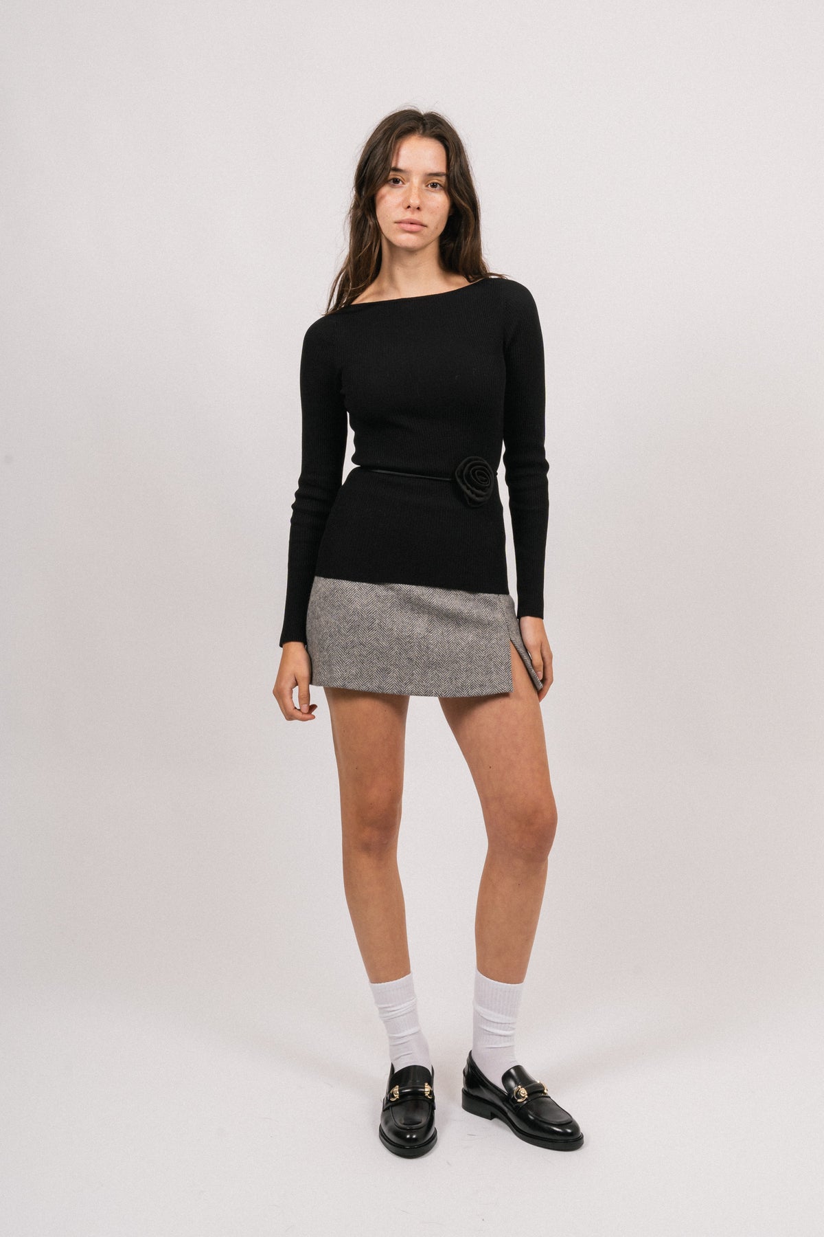 Lea Herringbone Mini Skirt - Light Grey