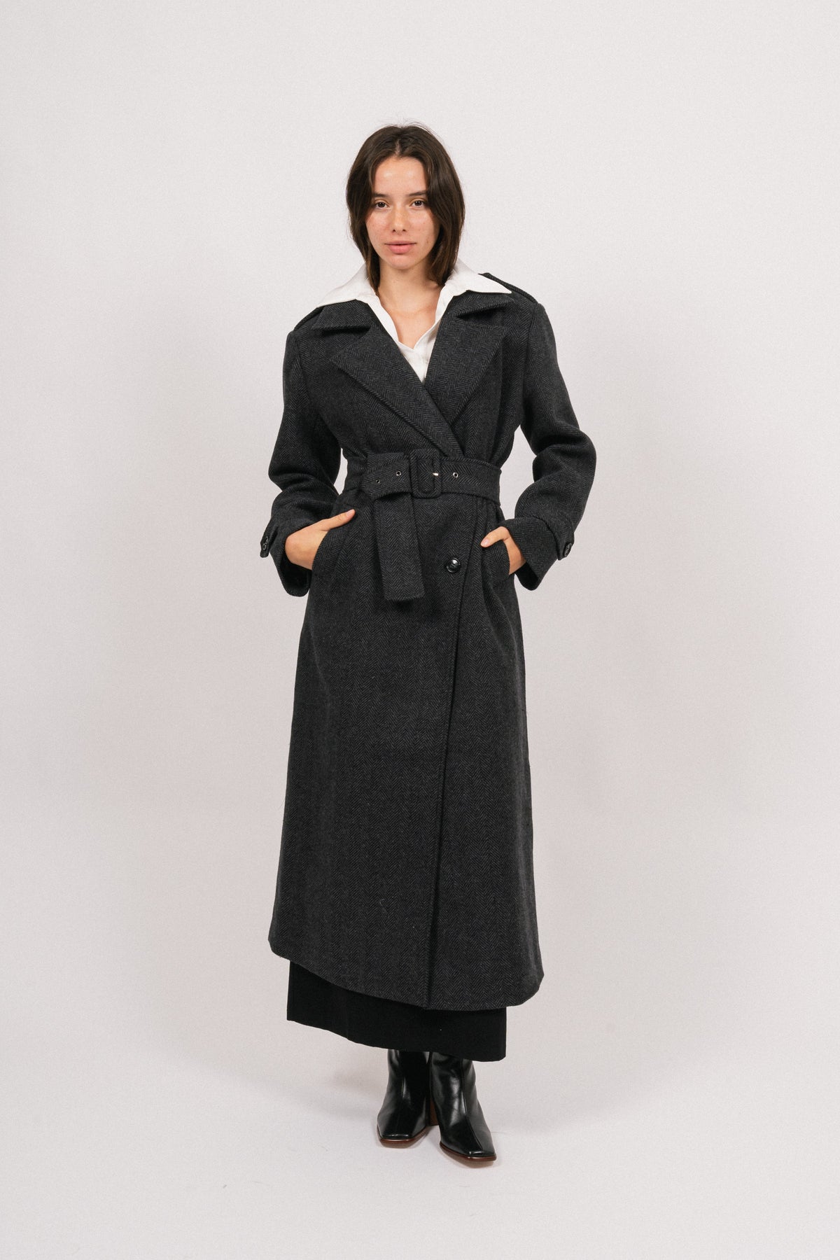 Edith Herringbone Coat - Black