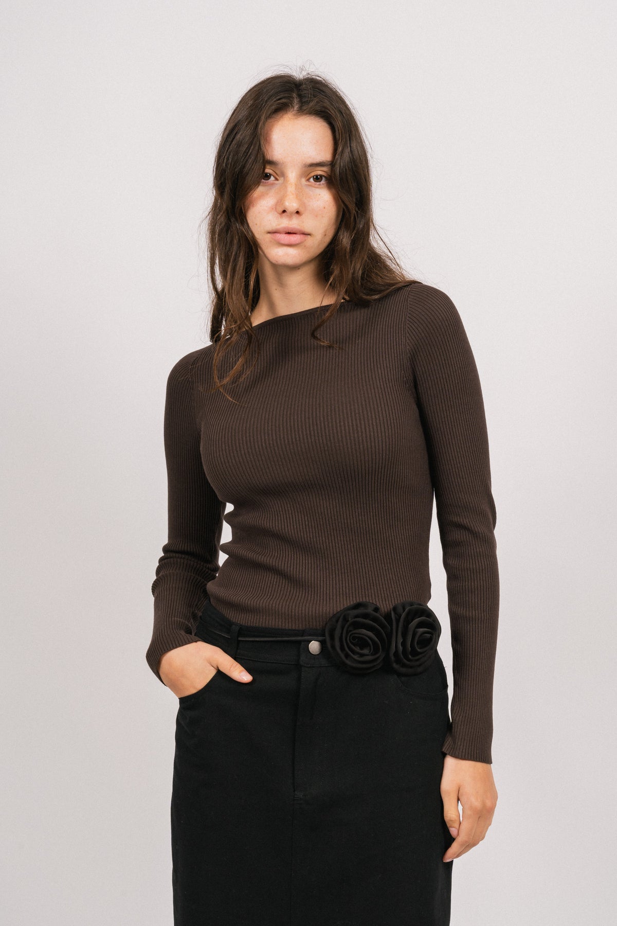 Corine Knit Ls Top - Brown