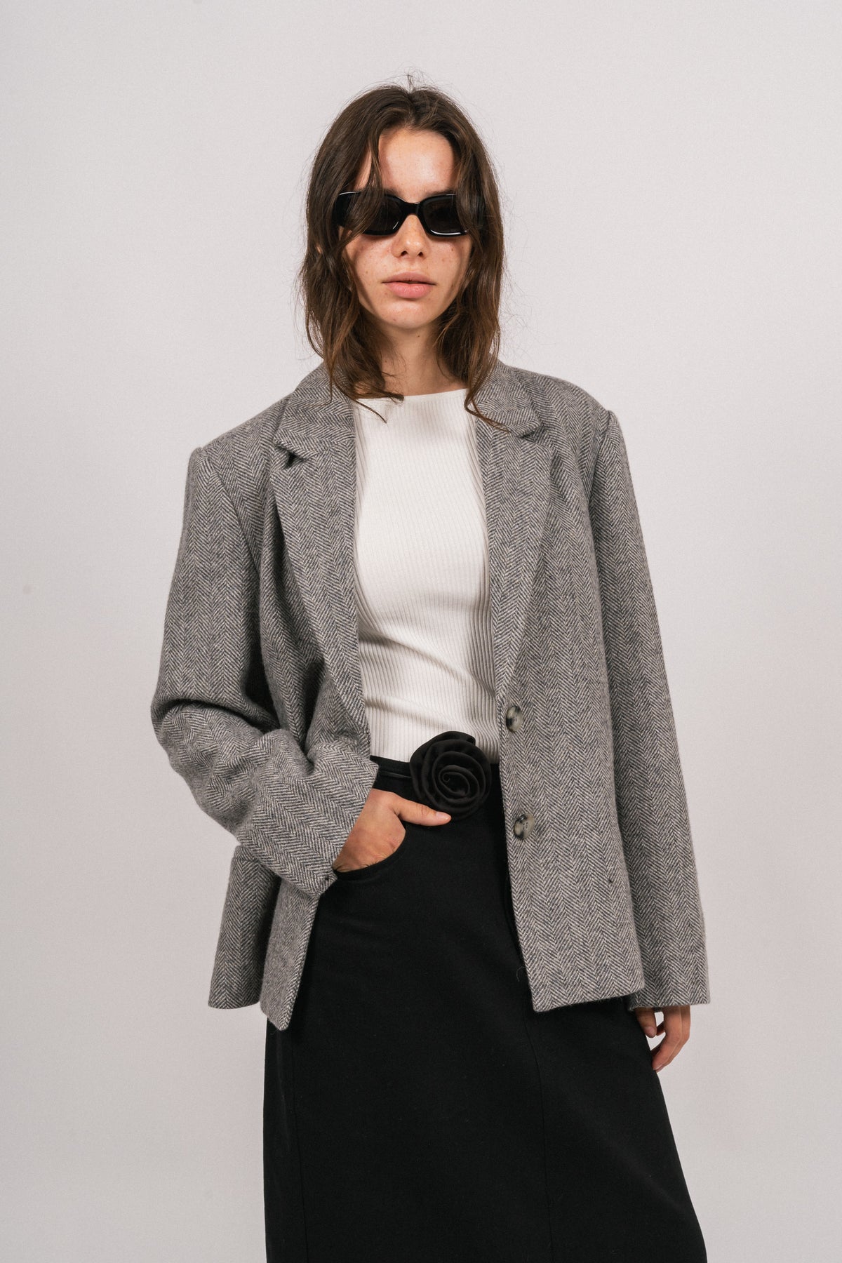 Mya Herringbone Blazer - Light Grey
