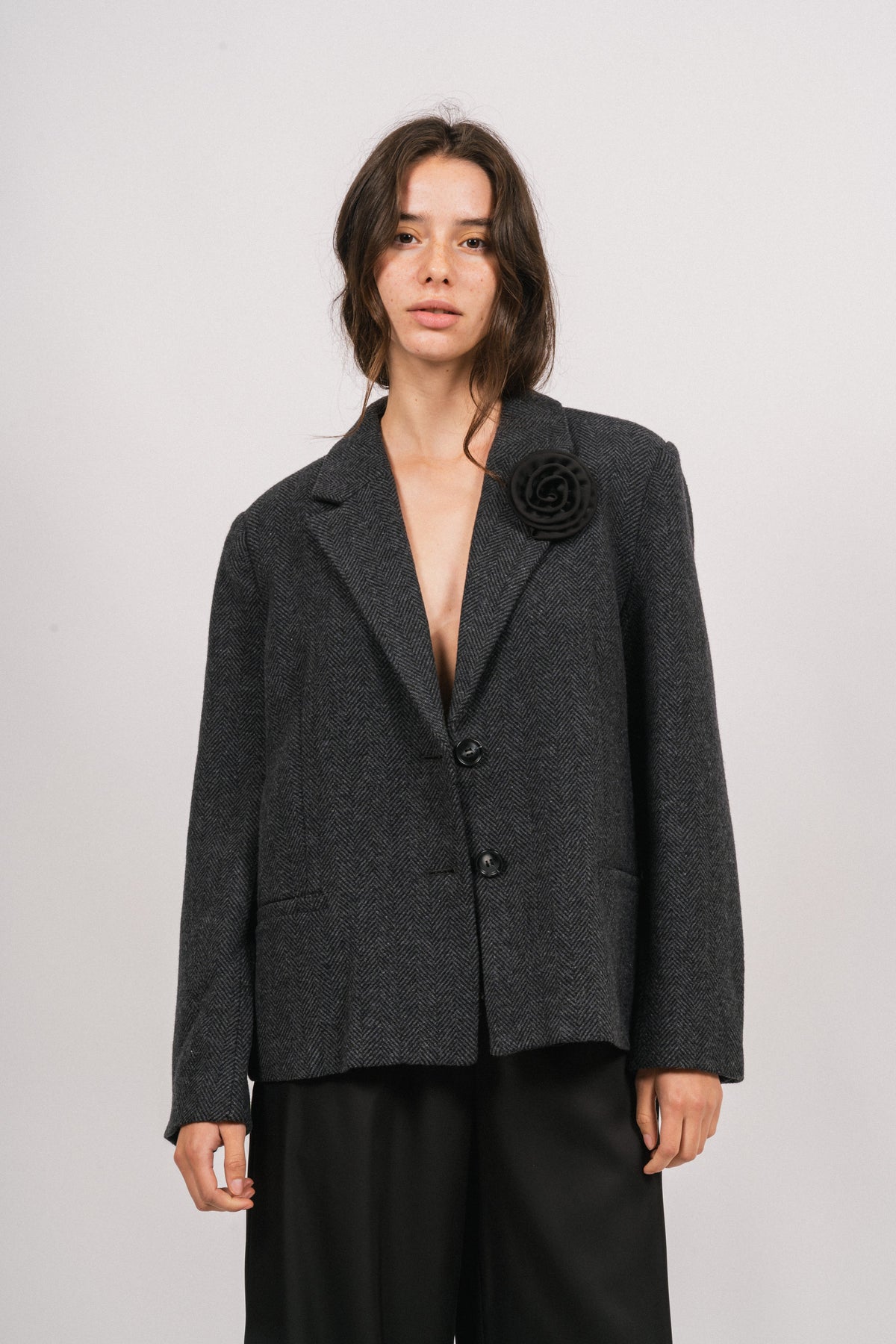 Mya Herringbone Blazer - Black