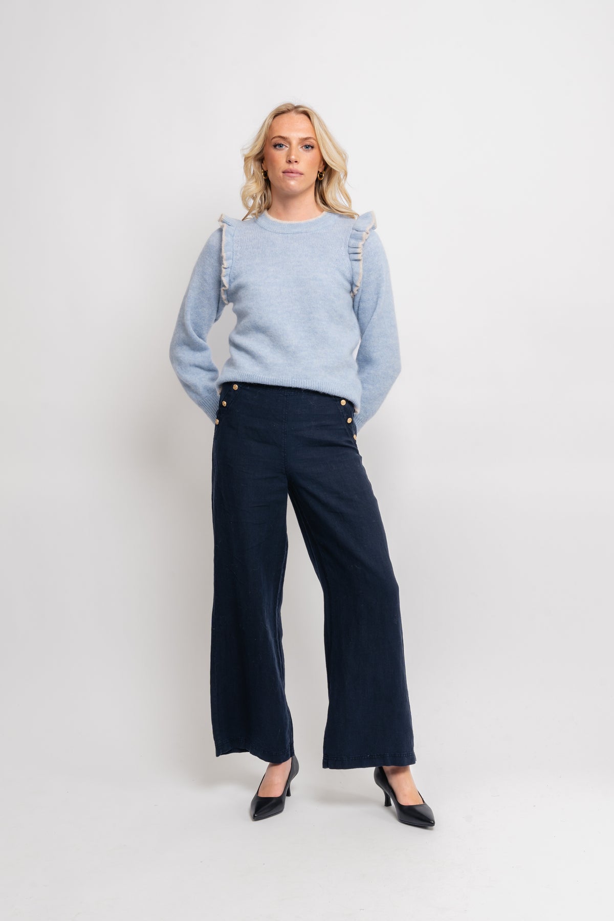Alva Frills Ls Knit O-Neck - Cashmere Blue/Birch