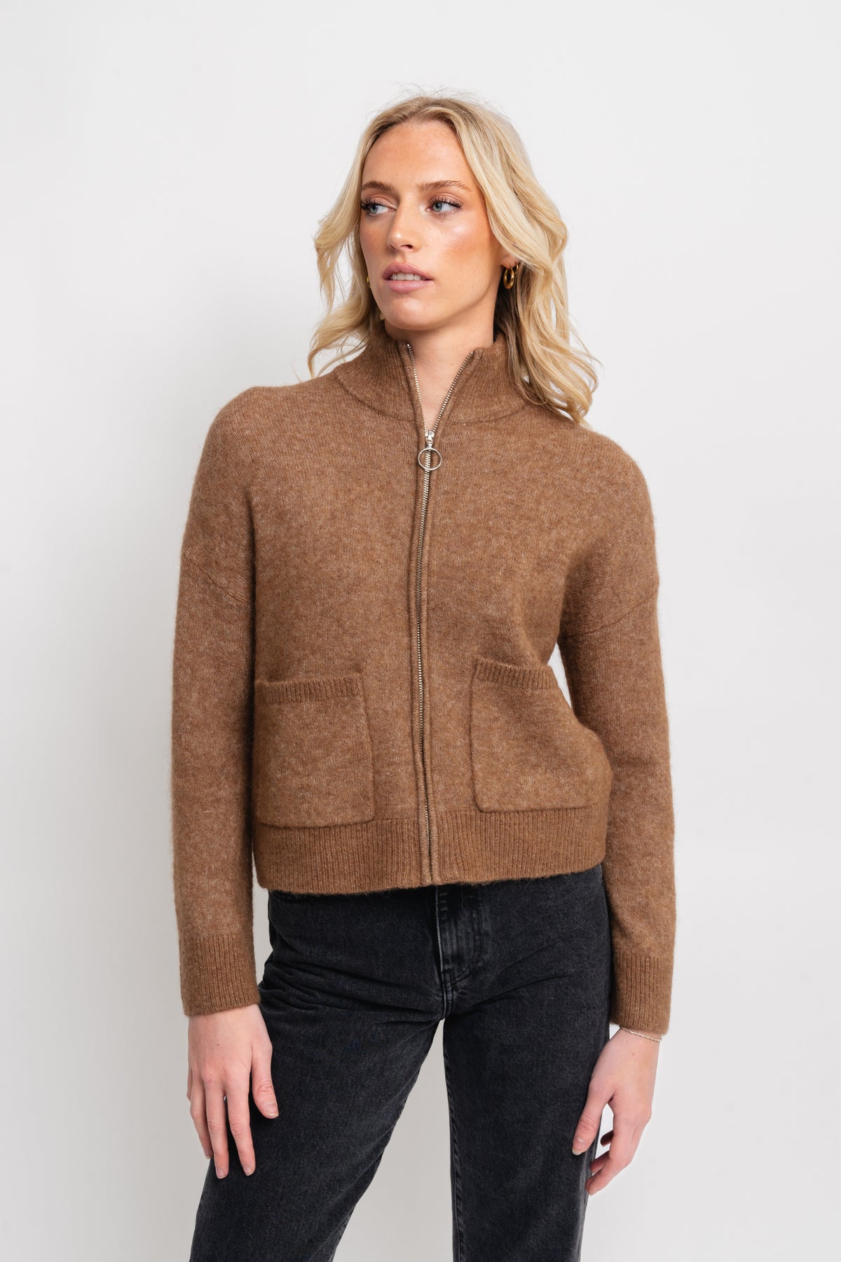 Sia Ras Ls Knit Zipper Cardigan - Coca Mocha Melange