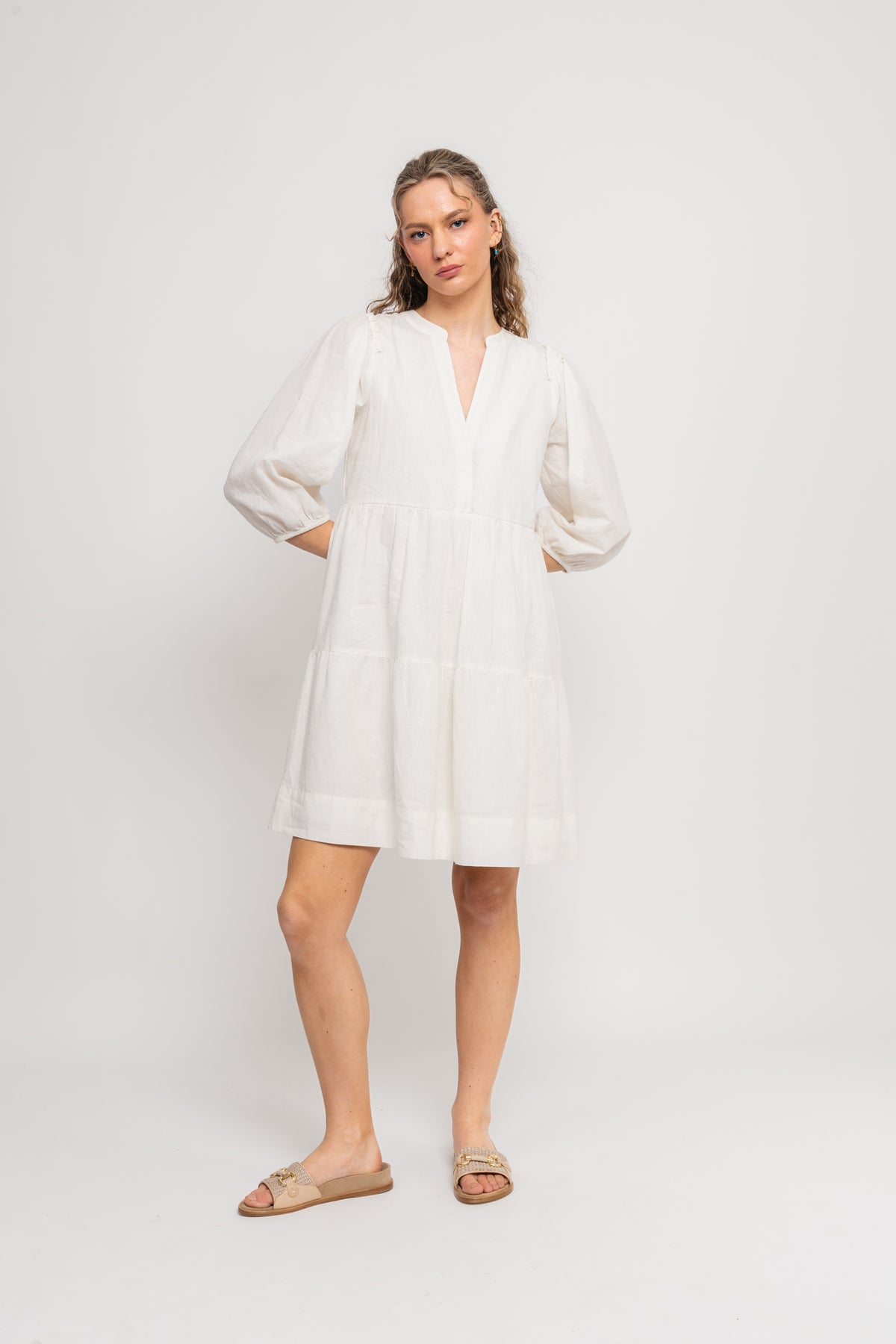 Hillie 3/4 Short Linen Dress B - Snow White