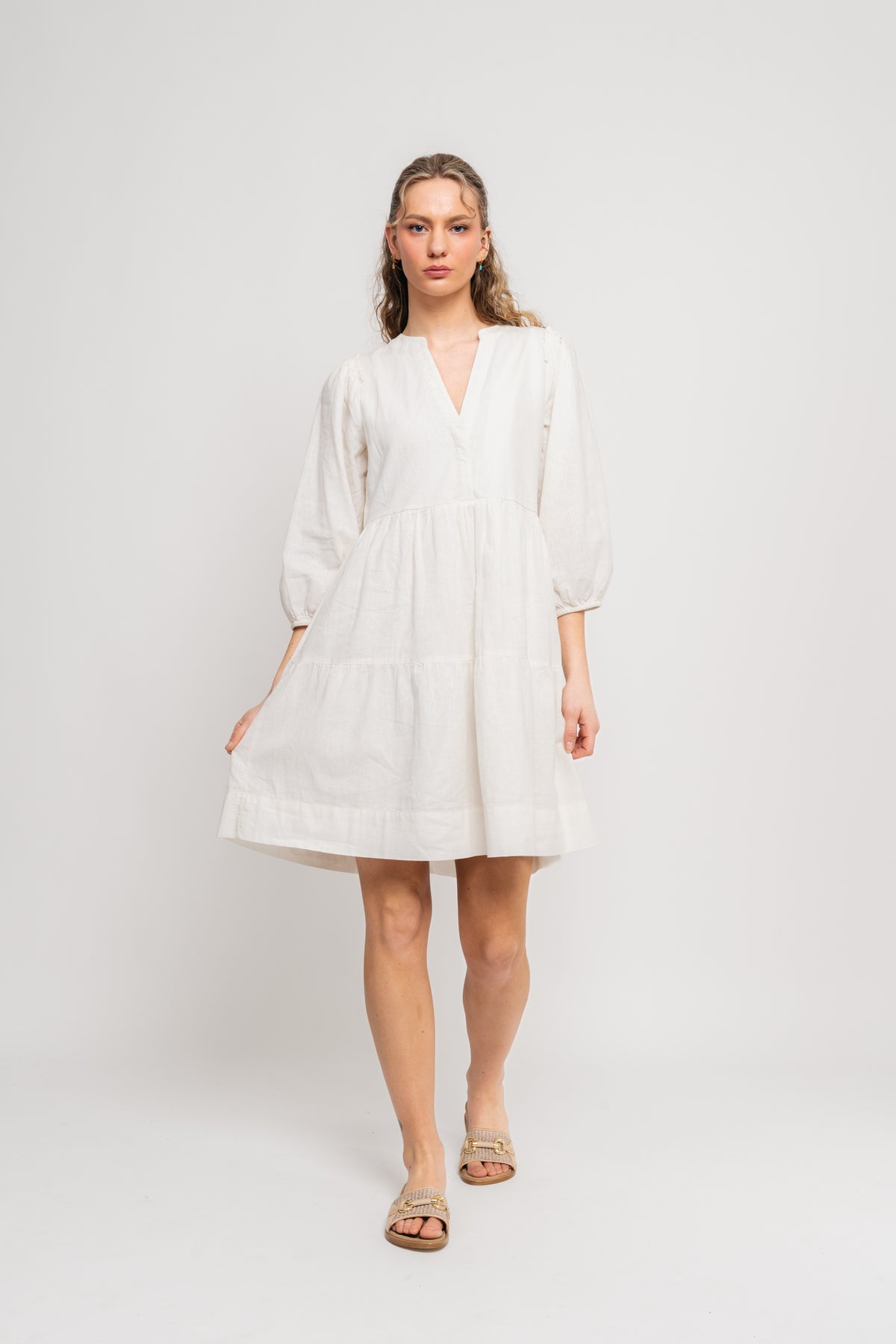 Hillie 3/4 Short Linen Dress B - Snow White