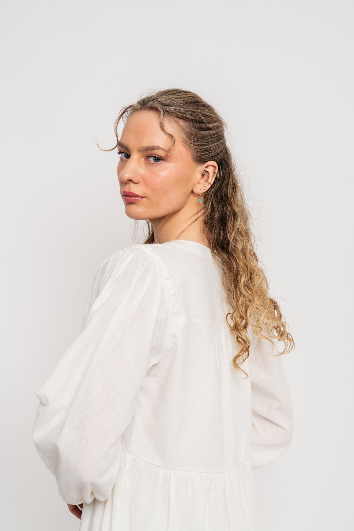 Hillie 3/4 Short Linen Dress B - Snow White