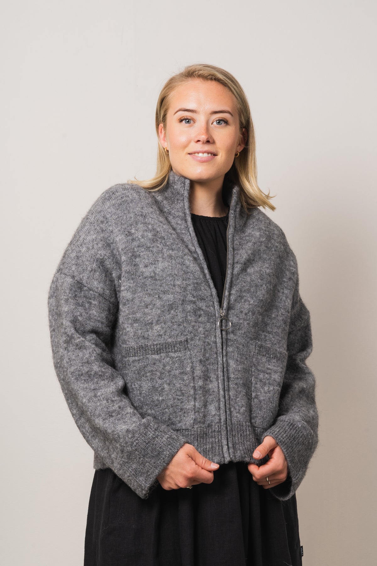 Sia Ls Knit Zipper Cardigan - Medium Grey Melange