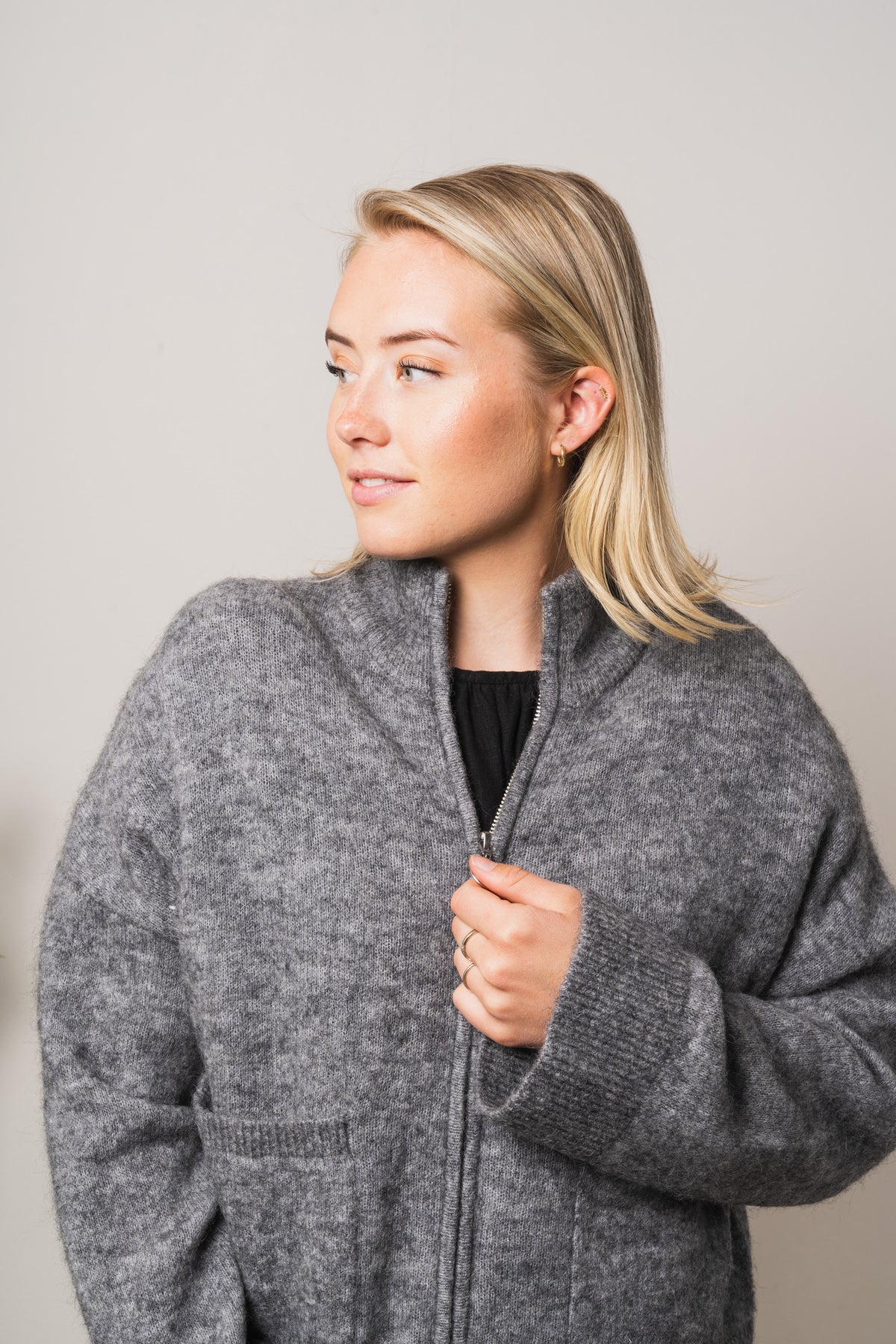 Sia Ls Knit Zipper Cardigan - Medium Grey Melange