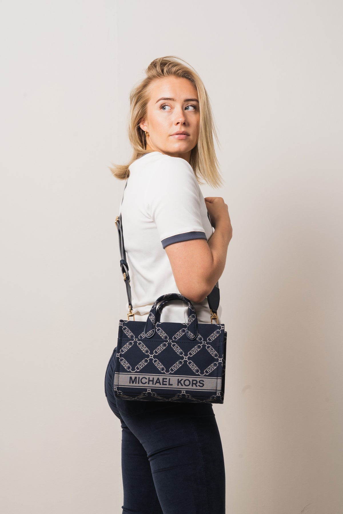 Gigi Small Empire Logo Jacquard Messenger Bag - Navy/Multi