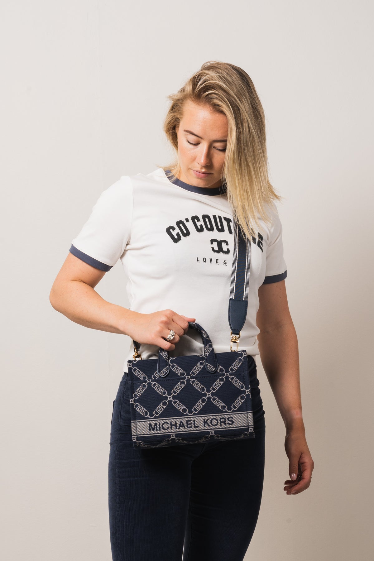 Gigi Small Empire Logo Jacquard Messenger Bag - Navy/Multi