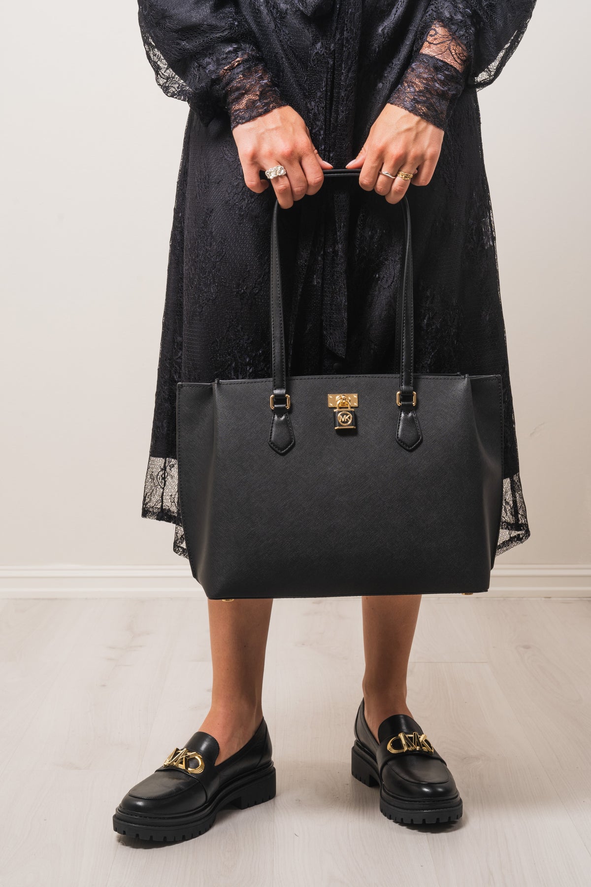 Ruby Large Saffiano Leather Tote Bag - Black/Gold