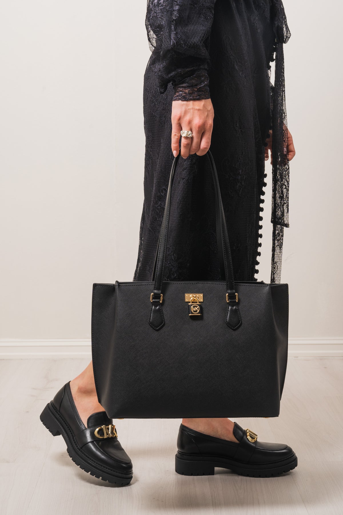 Ruby Large Saffiano Leather Tote Bag - Black/Gold