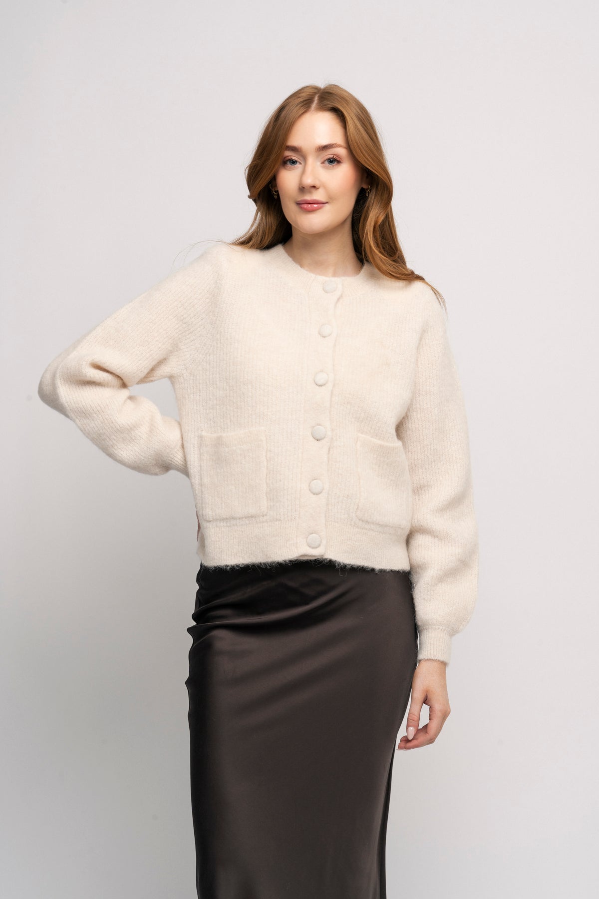 Sia Ras Ls Knit Pads Cardigan - Birch