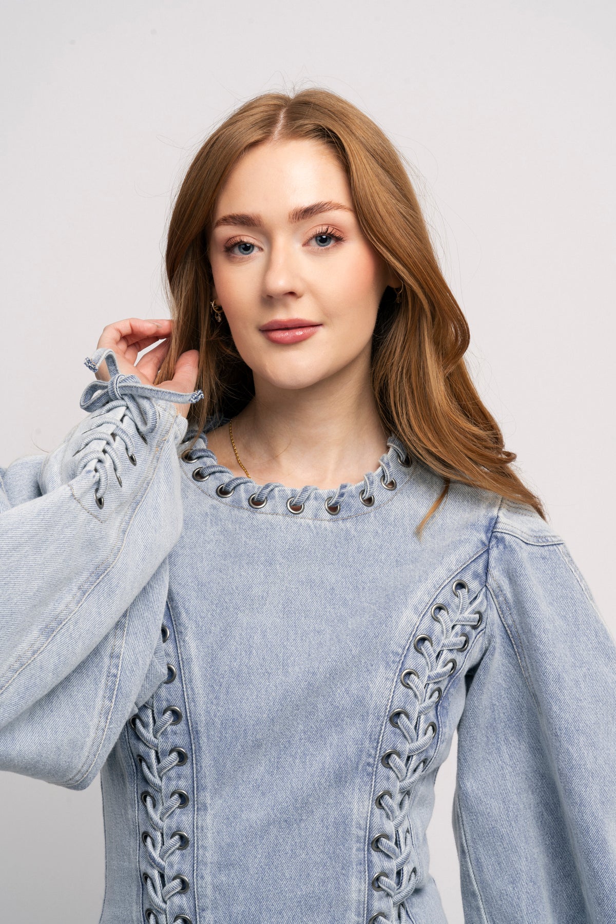 Denim Laced Mini Dress - Light Blue Denim