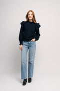 Lulu Ls Knit Shoulder Frills O-Neck - Dark Sapphire Melange