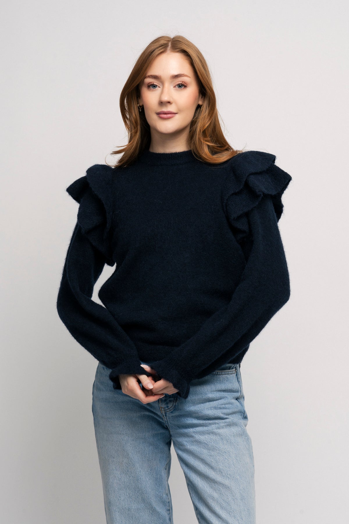 Lulu Ls Knit Shoulder Frills O-Neck - Dark Sapphire Melange