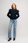 Lulu Ls Knit Shoulder Frills O-Neck - Dark Sapphire Melange