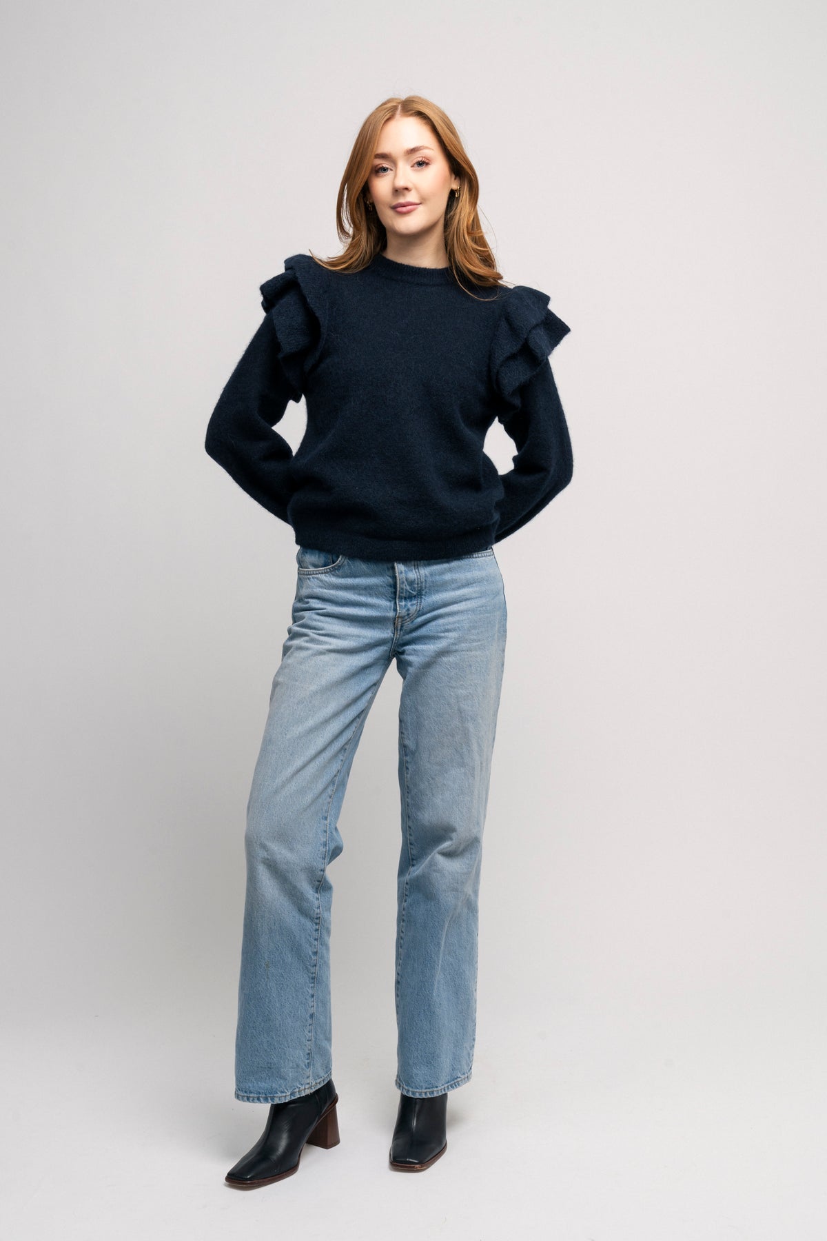 Lulu Ls Knit Shoulder Frills O-Neck - Dark Sapphire Melange