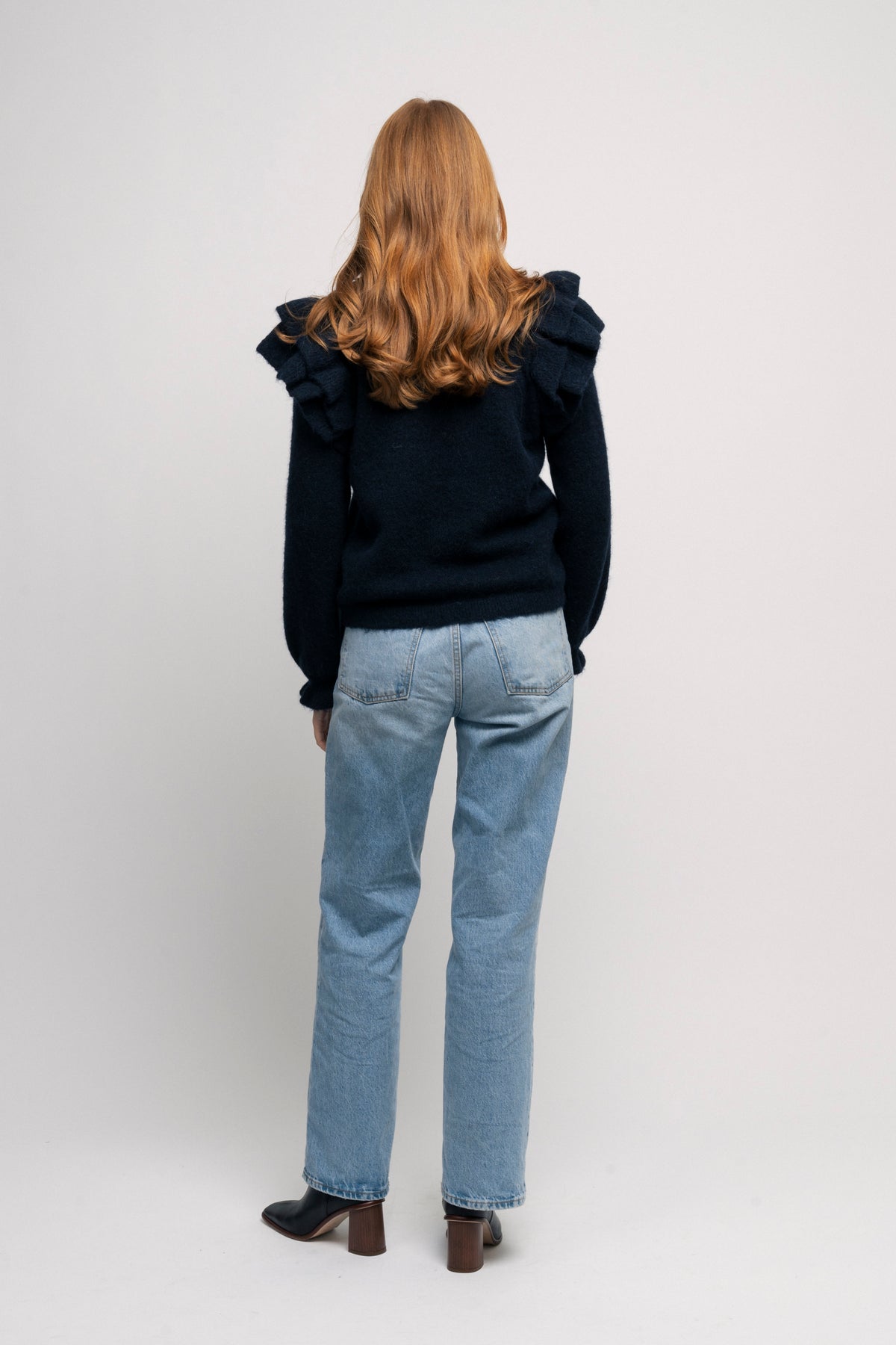 Lulu Ls Knit Shoulder Frills O-Neck - Dark Sapphire Melange