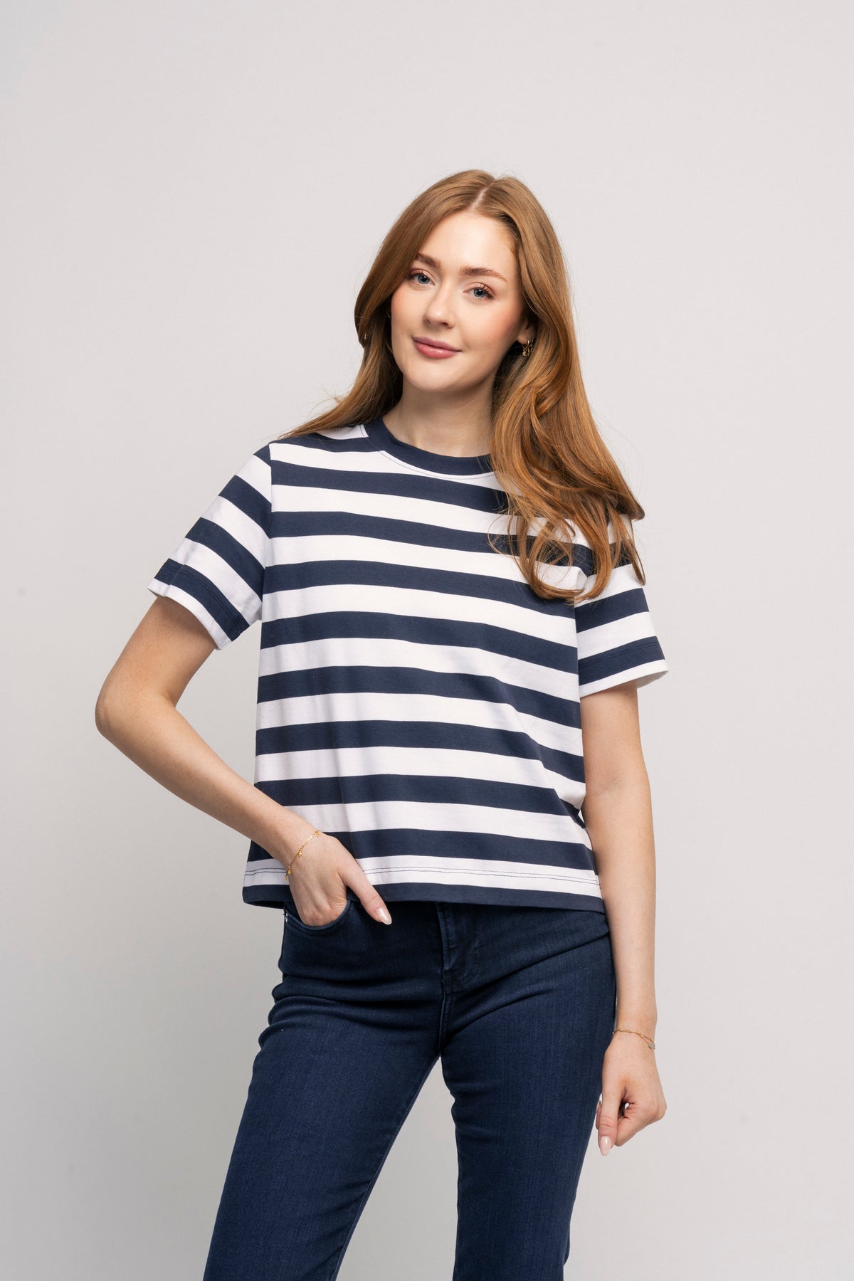Essential Ss Striped Boxy Tee - Dark Sapphire/Bright White