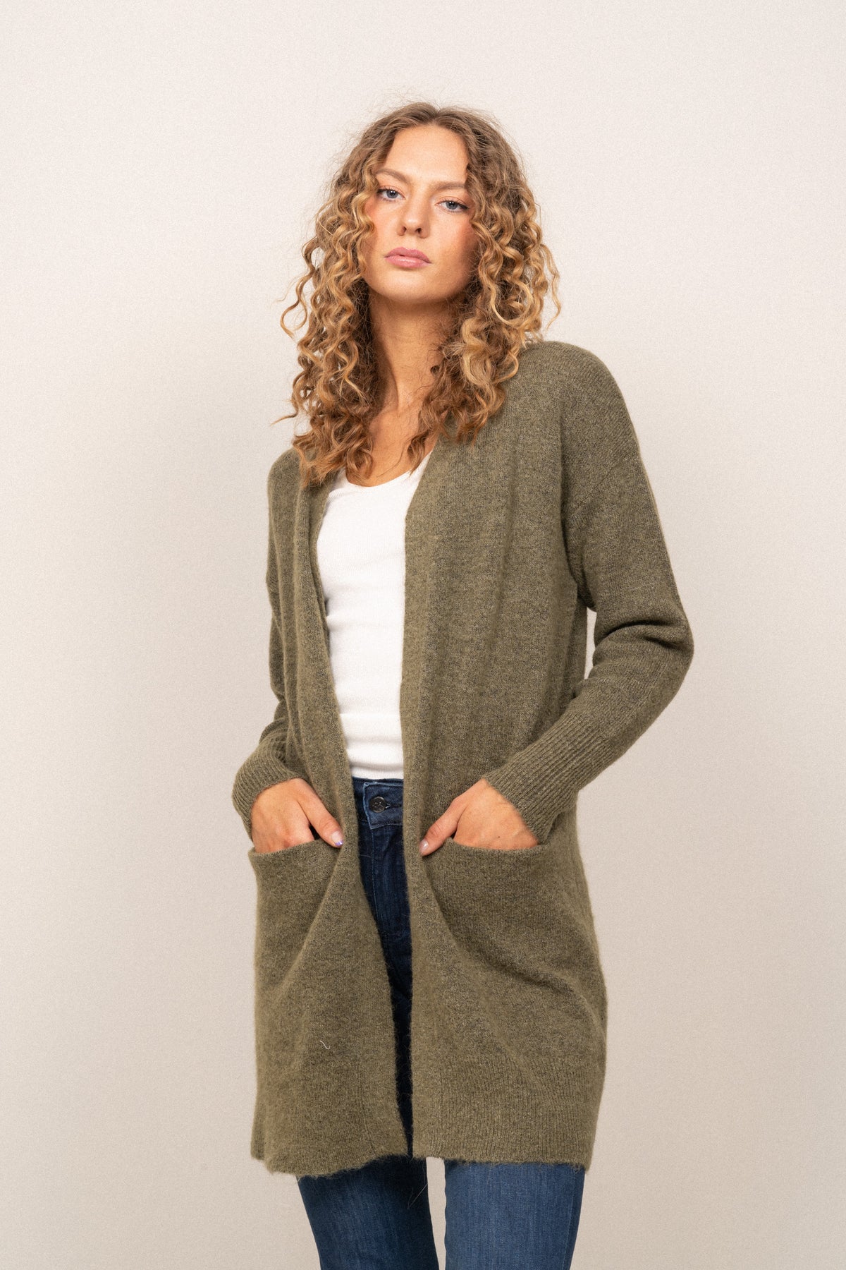 Lulu New Ls Knit Long Cardigan - Dusky Green