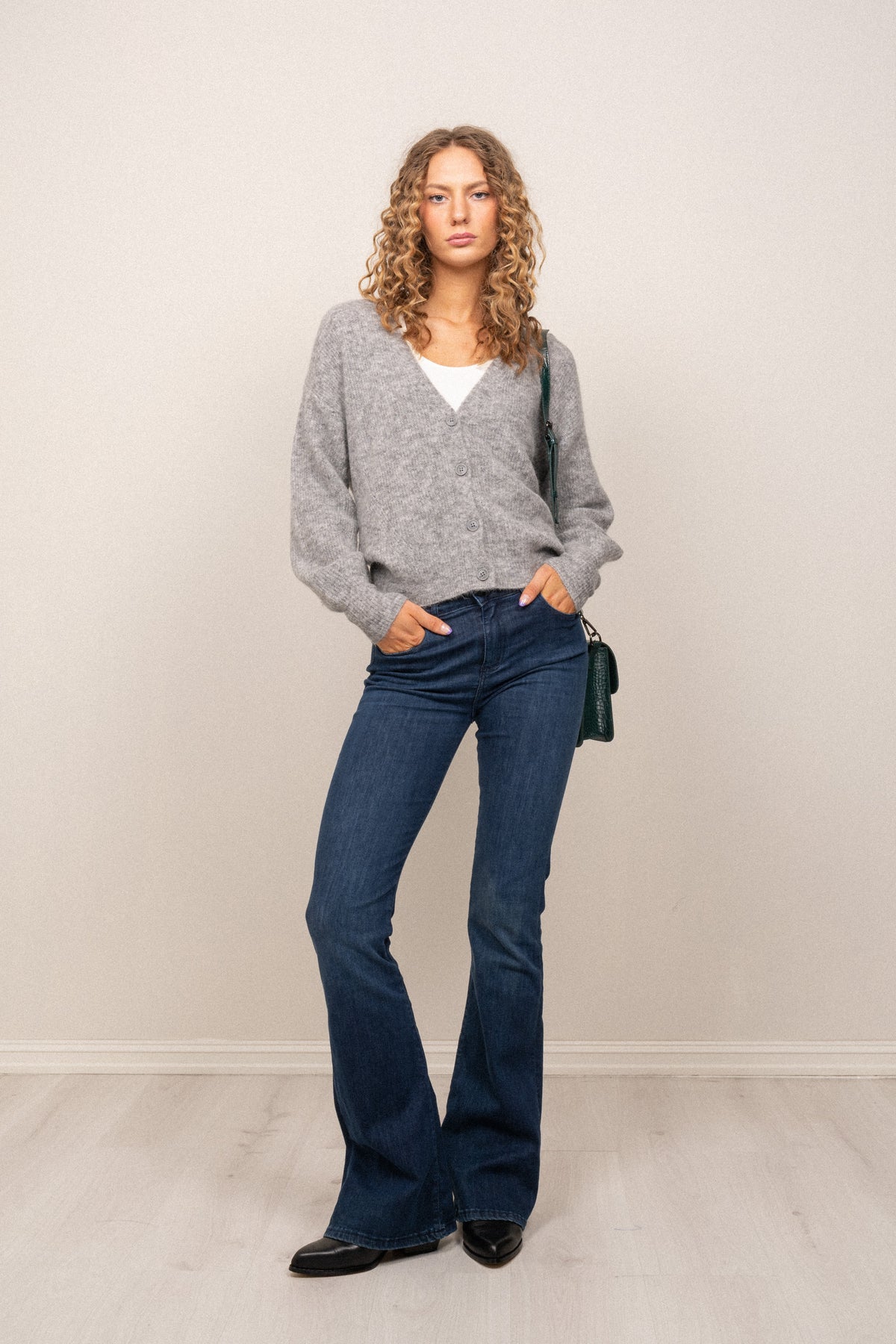 Thora V-Neck Knit Cardigan - Grey Melange