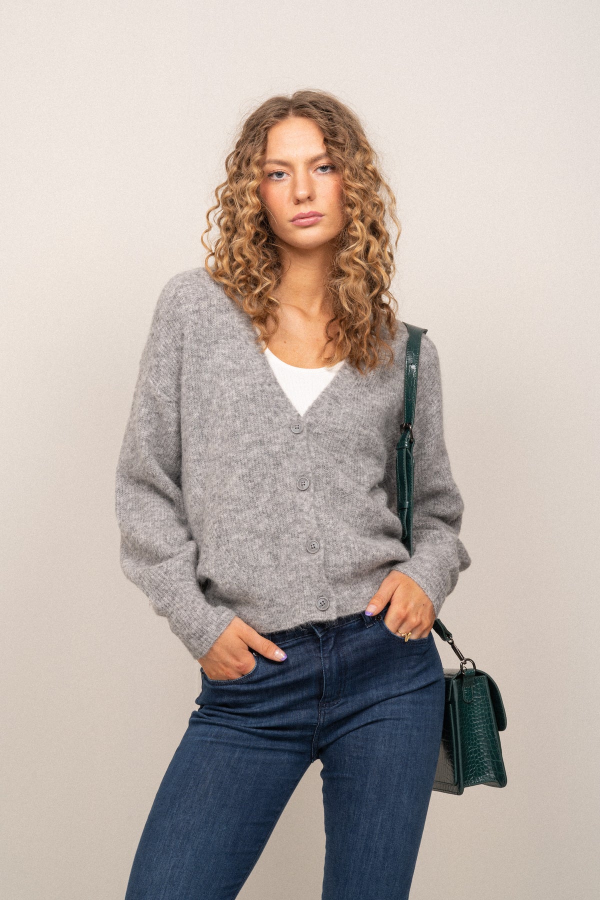 Thora V-Neck Knit Cardigan - Grey Melange