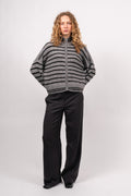 Sia Ras Stripe LS Knit Cardigan EX - Medium Grey Melange/Black