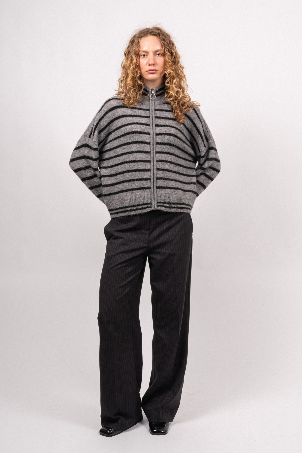 Sia Ras Stripe LS Knit Cardigan EX - Medium Grey Melange/Black