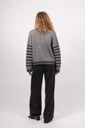 Sia Ras Stripe LS Knit Cardigan EX - Medium Grey Melange/Black