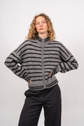 Sia Ras Stripe LS Knit Cardigan EX - Medium Grey Melange/Black