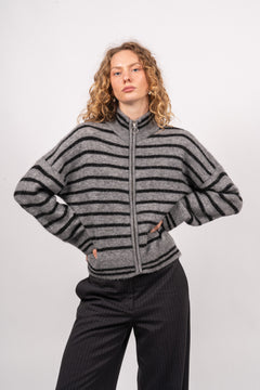 Sia Ras Stripe LS Knit Cardigan EX - Medium Grey Melange/Black