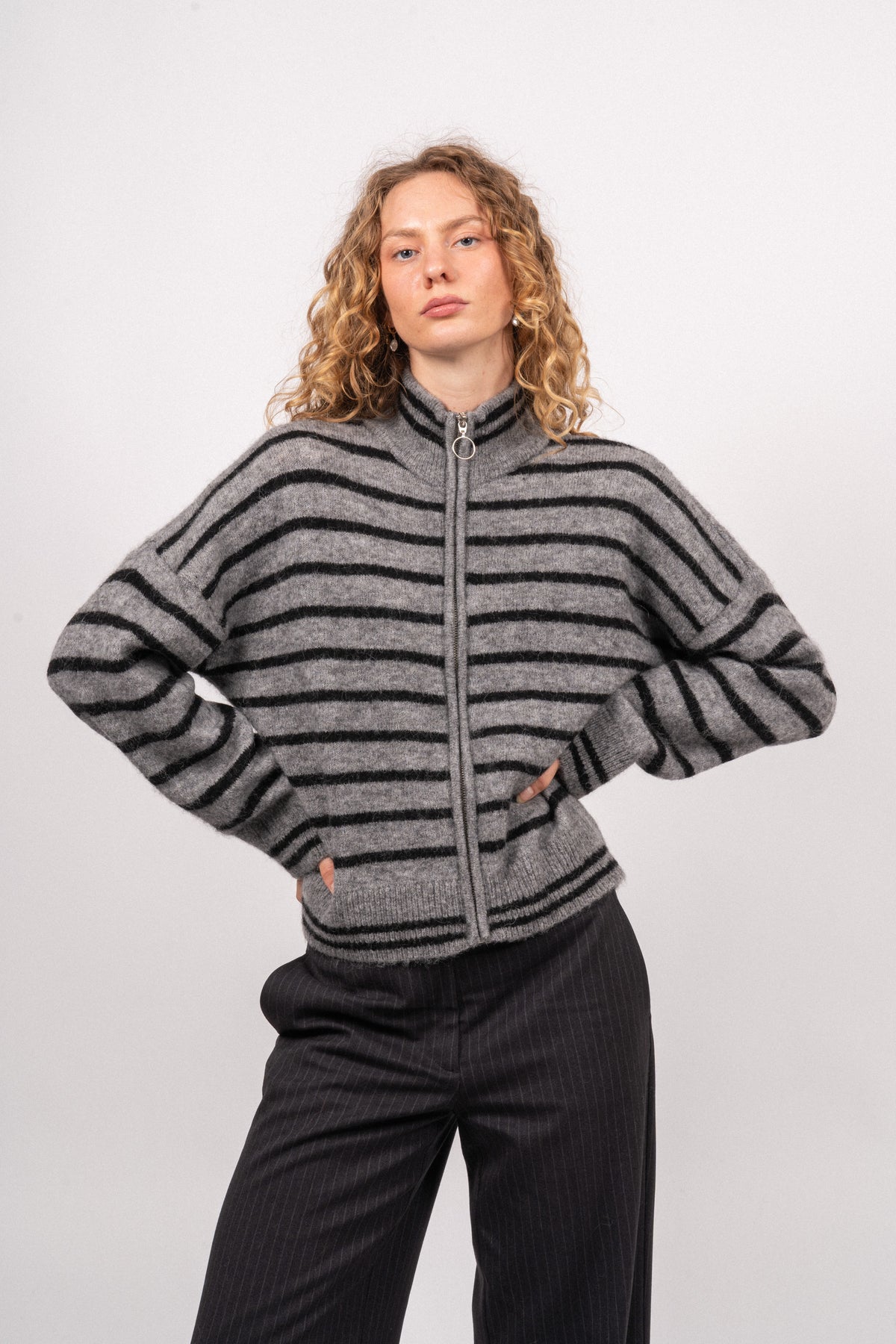 Sia Ras Stripe LS Knit Cardigan EX - Medium Grey Melange/Black