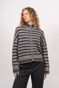 Sia Ras Stripe LS Knit Cardigan EX - Medium Grey Melange/Black