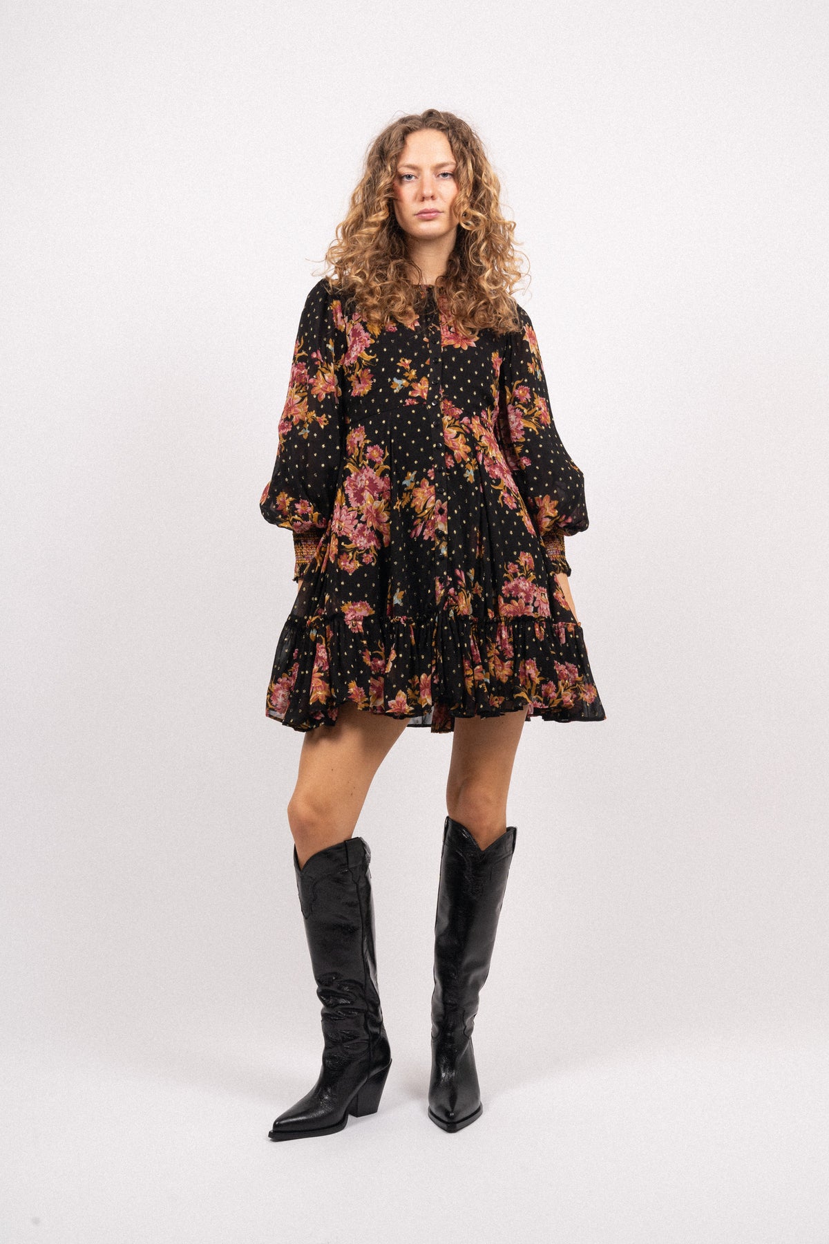 Golden Georgette Mini Dress - Autumn Bouquet