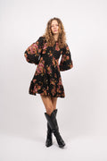 Golden Georgette Mini Dress - Autumn Bouquet