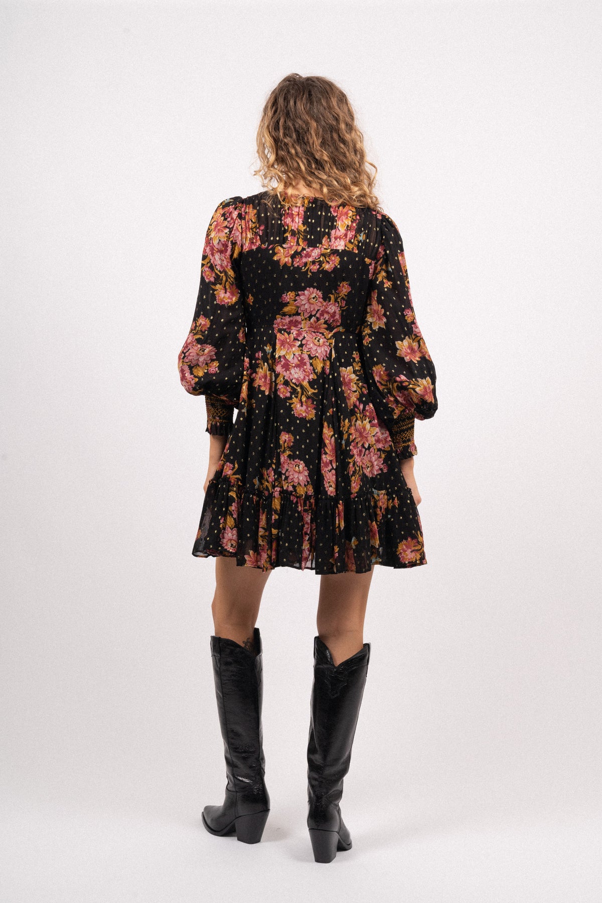 Golden Georgette Mini Dress - Autumn Bouquet