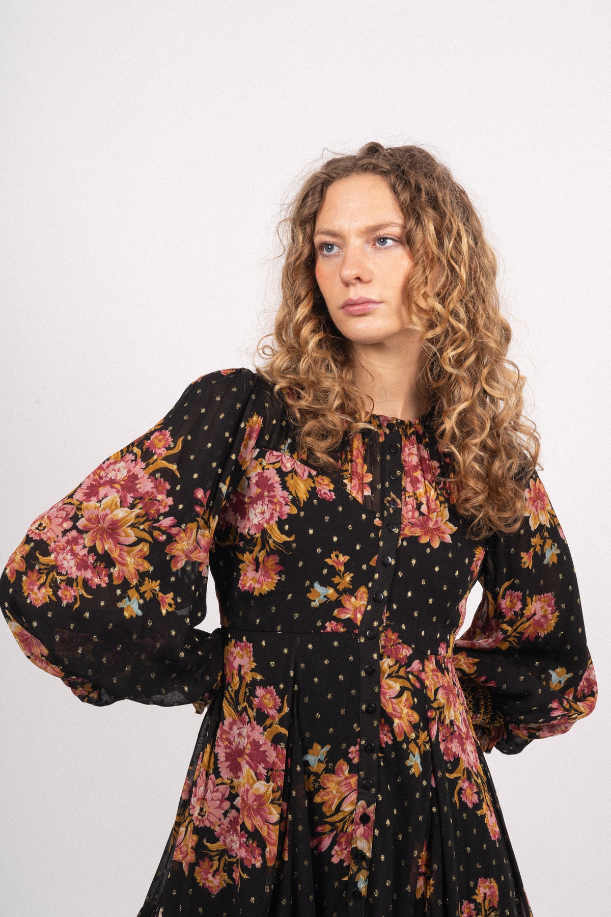 Golden Georgette Mini Dress - Autumn Bouquet