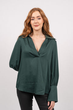 Reg Pop Over High Cuff Blouse - Tartan Green