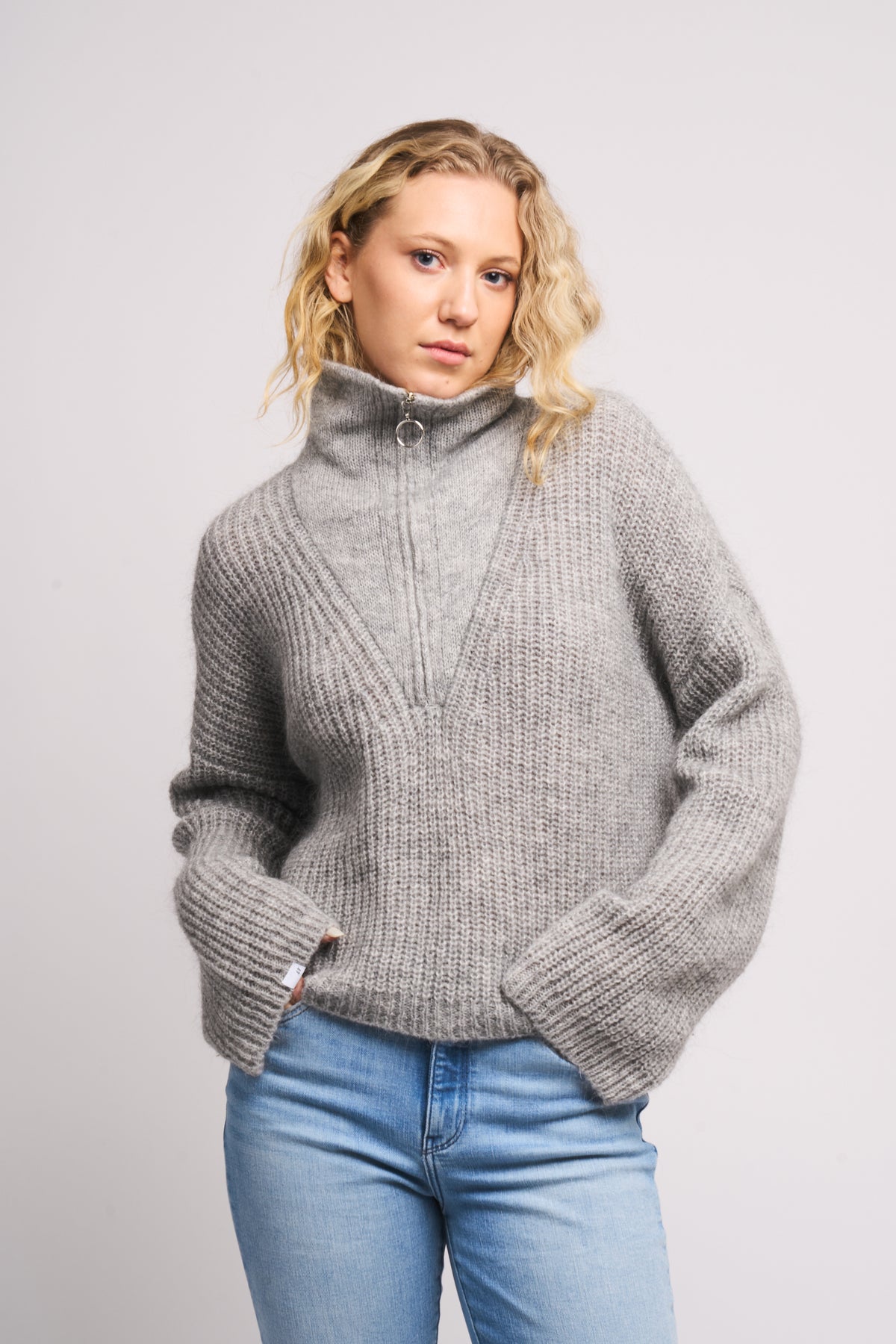 Florie Zip Knit - Lt Grey Melange