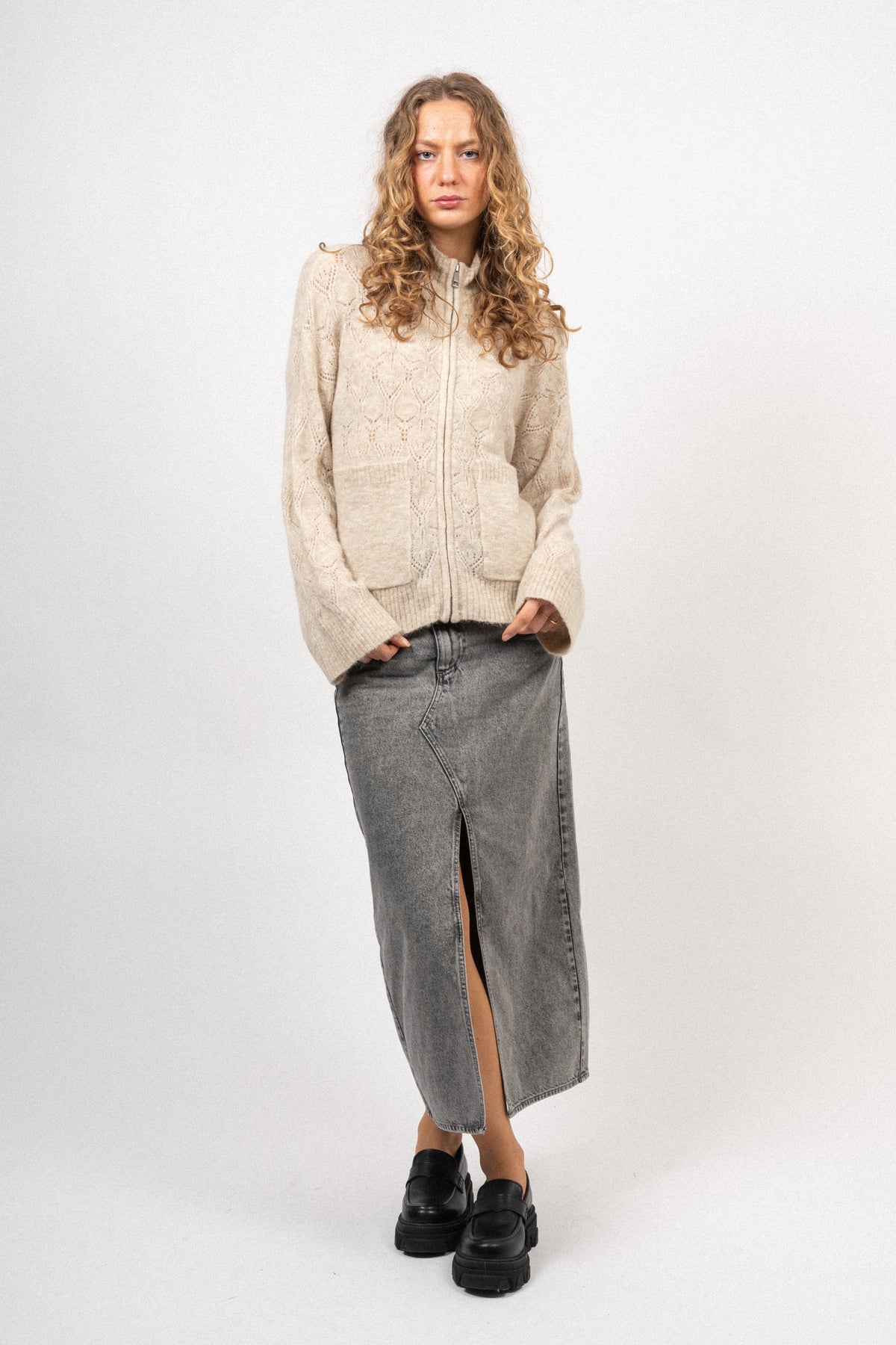 Lessine Hope Zip Cardigan - Oatmeal Melange